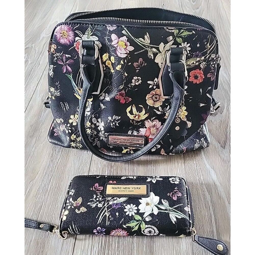 Andrew Marc New York Women’s Black Floral Shoulder Bag Matching Wallet Wristlet